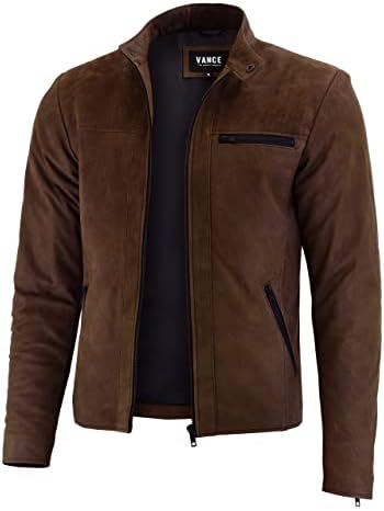 Men's Waist-Length Lambskin Leather Jacket with Snap Stand Collar - Dark Brown