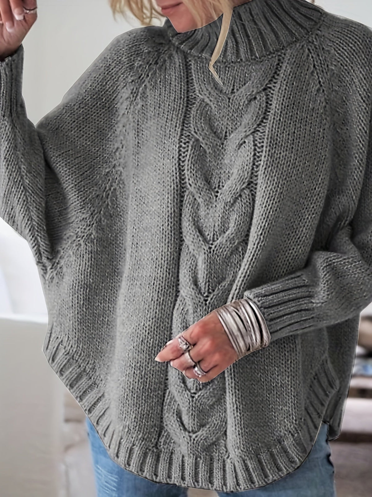 Women's Relaxed Thick Cable-Knit Sweater with Tall Neck