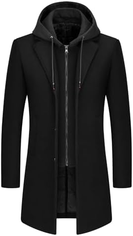 Men's Zip-Front Wool-Blend Overcoat with Hooded Layer and Lapels - Black