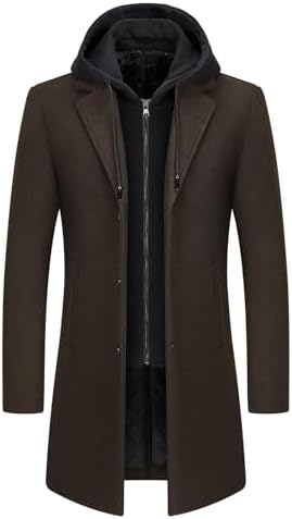 Men's Zip-Front Wool-Blend Overcoat with Hooded Layer and Lapels - Dark Brown