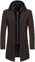 Men's Zip-Front Wool-Blend Overcoat with Hooded Layer and Lapels - Dark Brown