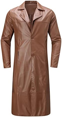 Men's Single-Breasted Longline Faux Leather Coat with Notch Lapels - Brown