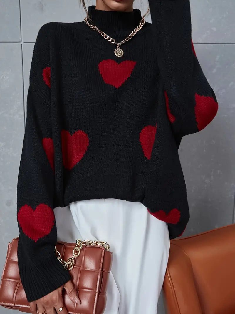 Women's Printed Turtleneck Knit Sweater with Ribbed Hem and Cuffs