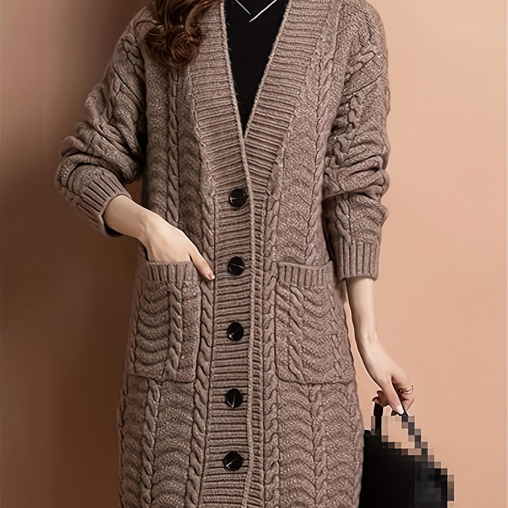 Women's Cable-Knit Long Cardigan with Buttons and Front Pockets - Sepia