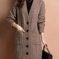 Women's Cable-Knit Long Cardigan with Buttons and Front Pockets - Sepia