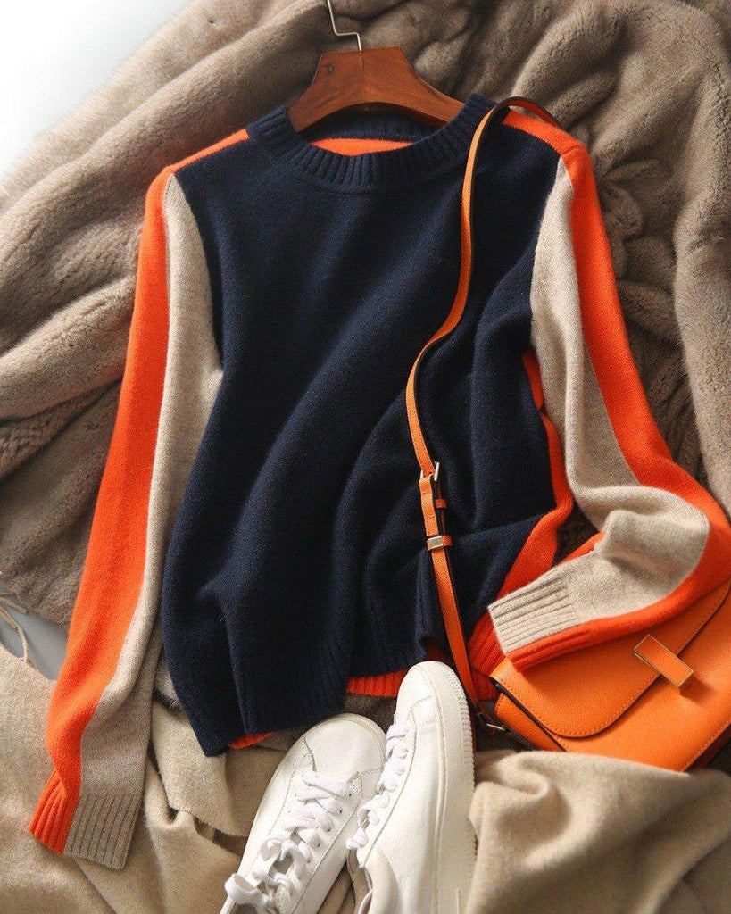 Women's Block-Striped Cotton Knit Sweater in a Fitted Cut