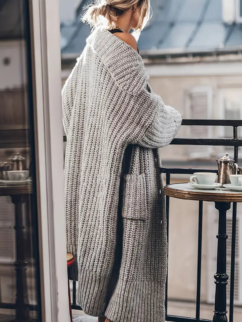 Women's Slouchy Chunky Rib Knit Long Cardigan with Front Pockets