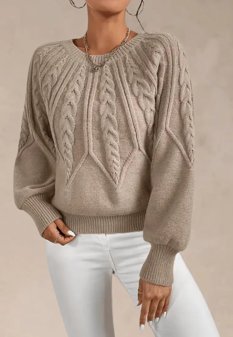 Women's Relaxed Puff-Sleeve Cable-Knit Crew Neck Sweater