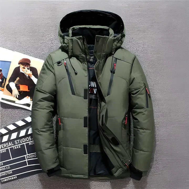 Men's Insulated Storm-Flap Winter Jacket with Adjustable Hood - Olive Green
