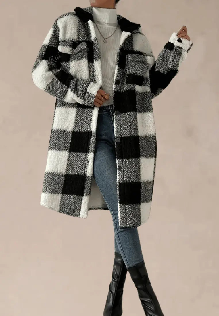 Women's Plush Printed Fleece Coat with Shirt Collar and Chest Pockets