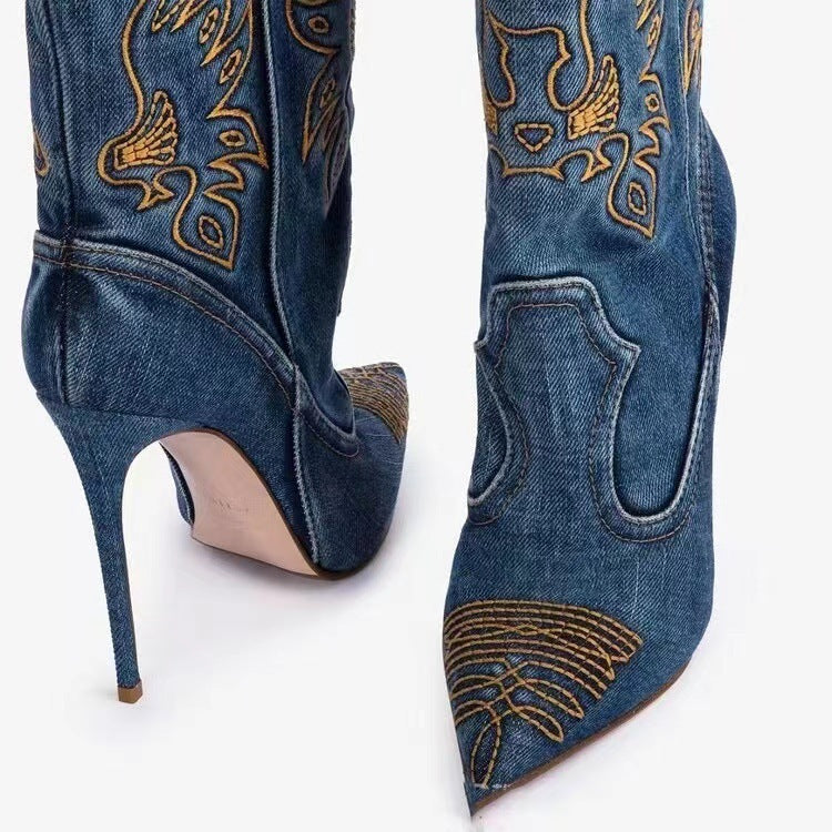 Women's Western Denim Stiletto Boots with Embroidered Sides