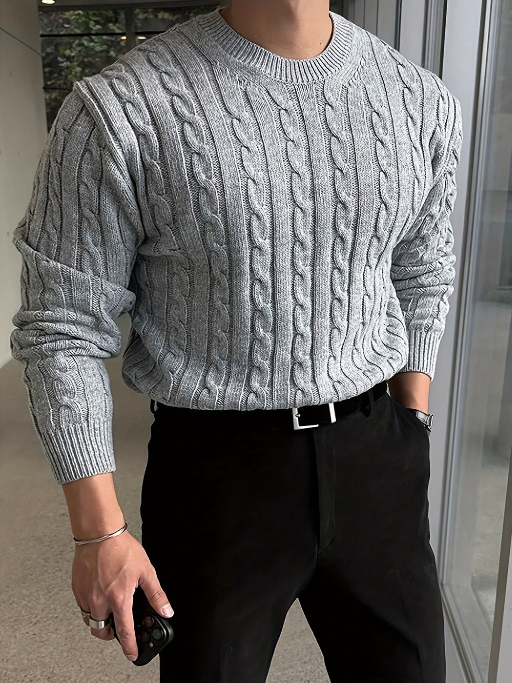 Men's Relaxed Textured Cable Sweater for Work and Weekends