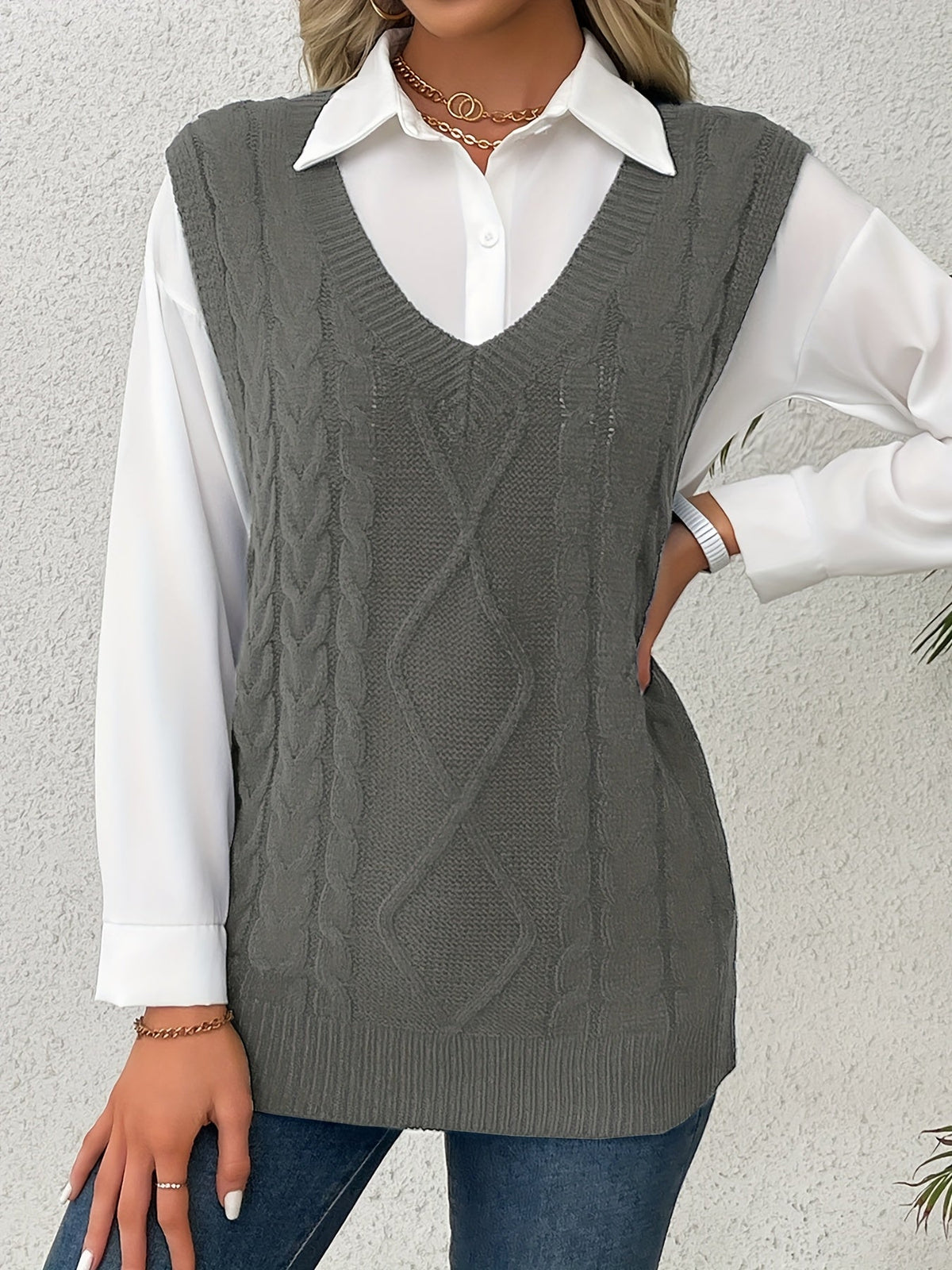 Women's Cable-Knit V-Neck Sweater Vest in a Relaxed Fit