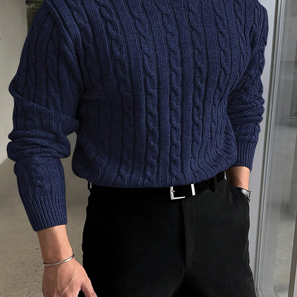 Men's Relaxed Textured Cable Sweater for Work and Weekends - Navy