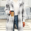 Women's Hooded Plaid Open Cardigan for Crisp Evening Walks - Light Gray