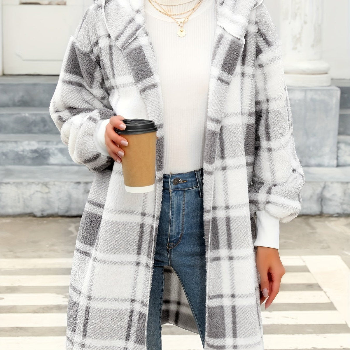 Women's Hooded Plaid Open Cardigan for Crisp Evening Walks - Light Gray
