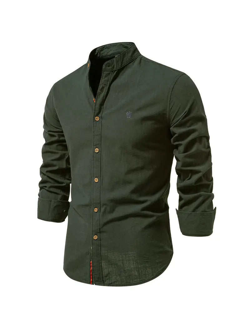 Men's Structured-Collar Slim Button-Up Shirt - Dark Green