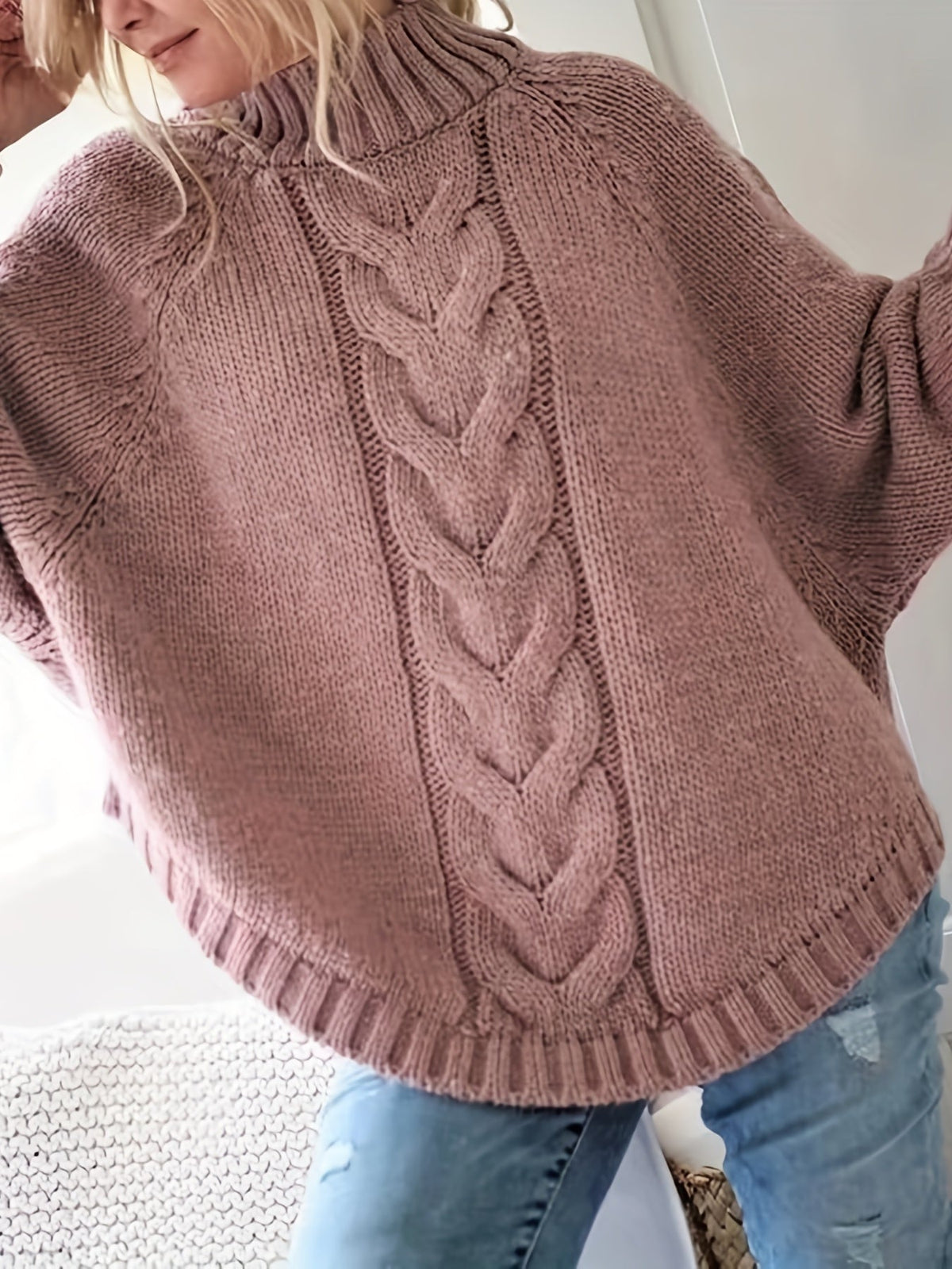 Women's Relaxed Thick Cable-Knit Sweater with Tall Neck