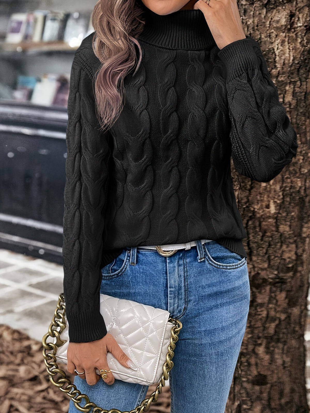 Women's Twisted Cable Turtleneck Sweater in a Lightly Shaped Fit