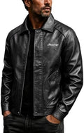 Men's Leather-Look Collared Zip Jacket with Short Slim Cut - Black
