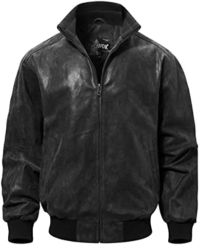 Men's Ribbed-Collar Genuine Leather Bomber Jacket in a Relaxed Fit - Black