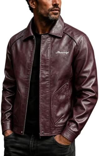 Men's Leather-Look Collared Zip Jacket with Short Slim Cut - Wine Red
