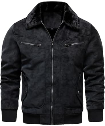 Men's Fleece-Lined Flight Bomber in Aged Faux Leather with Fur Collar - Black
