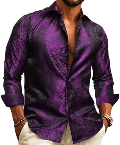 Men's Long-Sleeve Paisley Jacquard Shirt for Formal Events - Purple