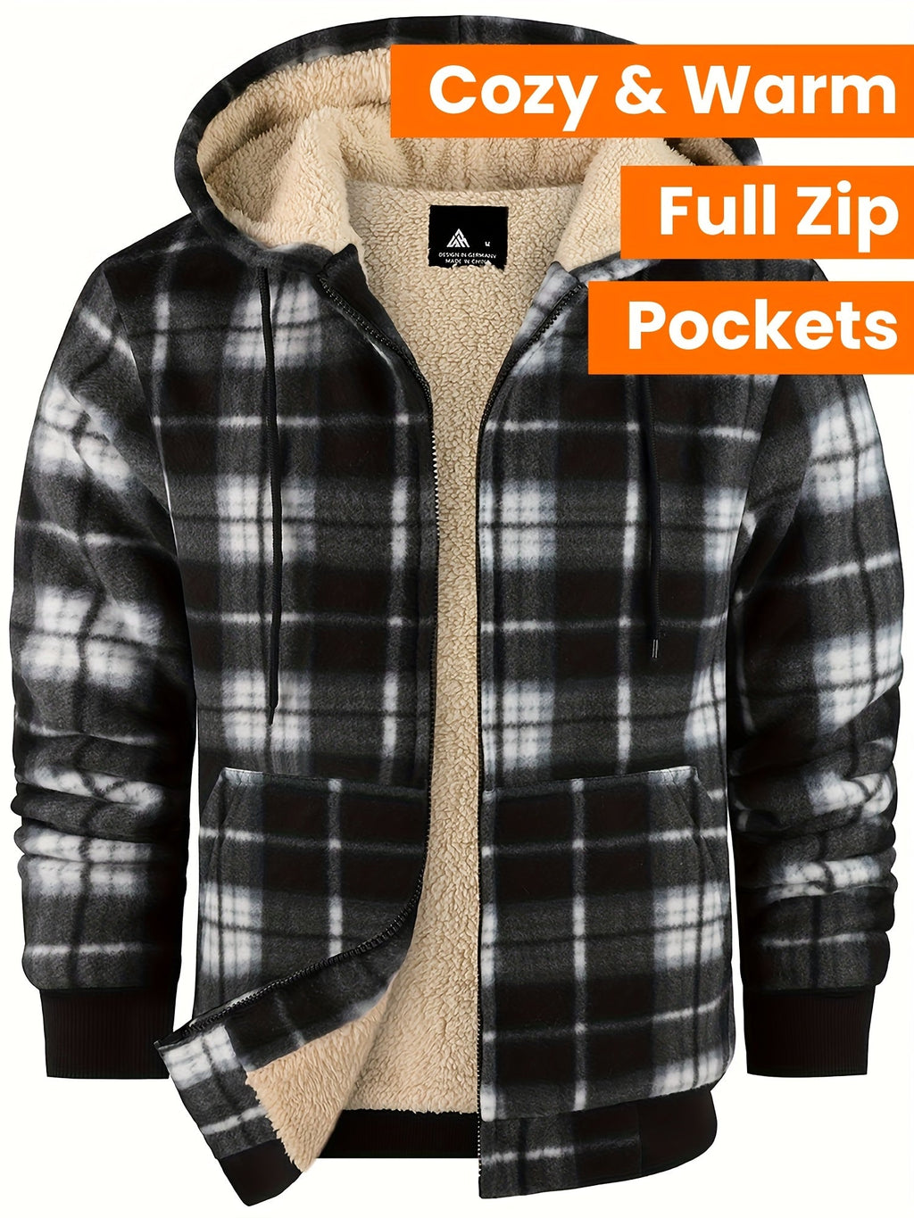 Men's Plush-Lined Zip-Up Hooded Jacket in Solid or Plaid