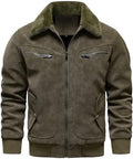 Men's Fleece-Lined Flight Bomber in Aged Faux Leather with Fur Collar - Olive Green