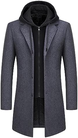 Men's Zip-Front Wool-Blend Overcoat with Hooded Layer and Lapels - Gray