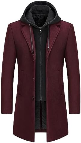 Men's Zip-Front Wool-Blend Overcoat with Hooded Layer and Lapels - Wine Red
