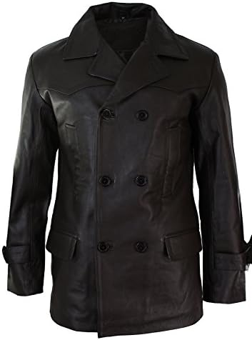 Men's Real Leather Peacoat with Double-Breasted Front and Flap Pockets - Dark Brown