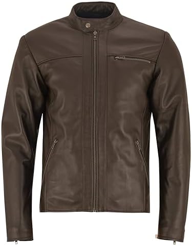 Men's Waist-Length Lambskin Leather Jacket with Snap Stand Collar - Brown