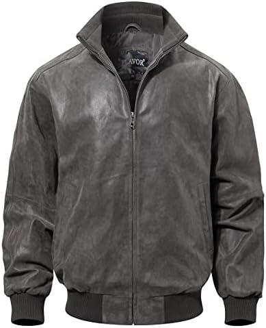 Men's Ribbed-Collar Genuine Leather Bomber Jacket in a Relaxed Fit - Gray