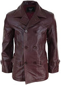 Men's Real Leather Peacoat with Double-Breasted Front and Flap Pockets - Wine Red