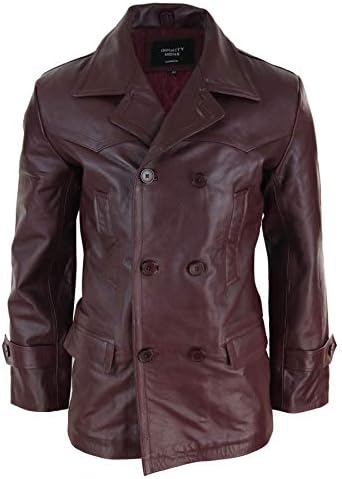 Men's Real Leather Peacoat with Double-Breasted Front and Flap Pockets - Wine Red