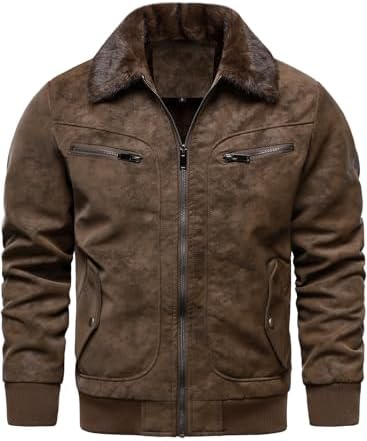 Men's Fleece-Lined Flight Bomber in Aged Faux Leather with Fur Collar - Brown
