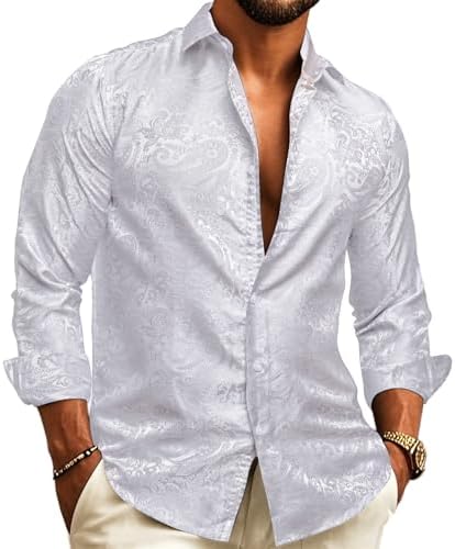 Men's Long-Sleeve Paisley Jacquard Shirt for Formal Events - White