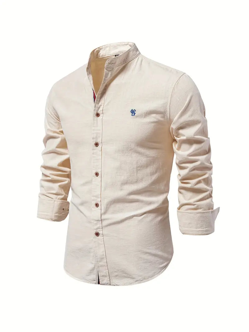 Men's Structured-Collar Slim Button-Up Shirt - Beige