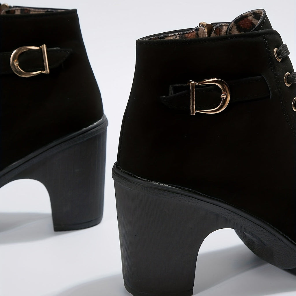 Women's Laced Winter Booties with Buckle Detail and Block Heel