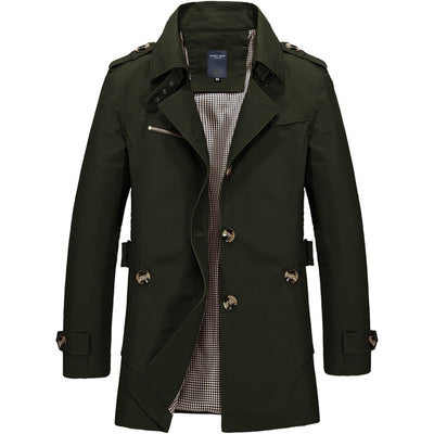 Men's Mid-Length Double-Breasted Trench with Adjustable Cuff Tabs - Dark Green