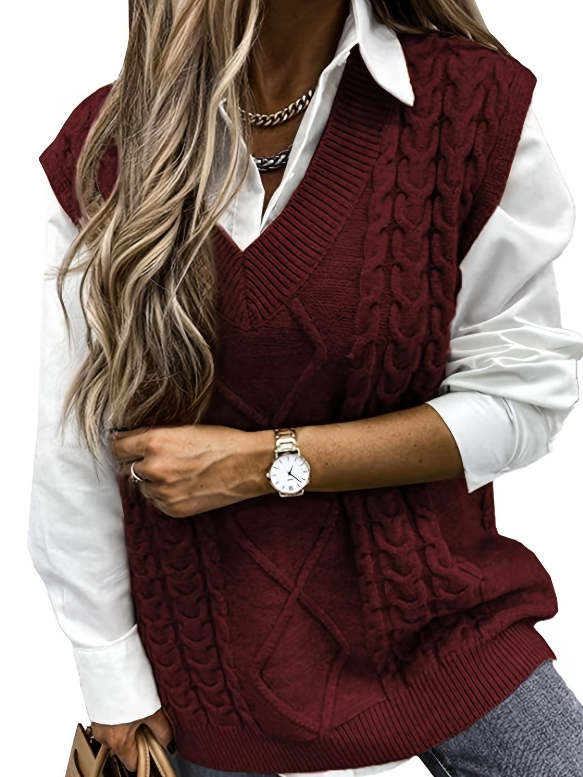 Women's Cable-Knit V-Neck Sweater Vest in a Relaxed Fit