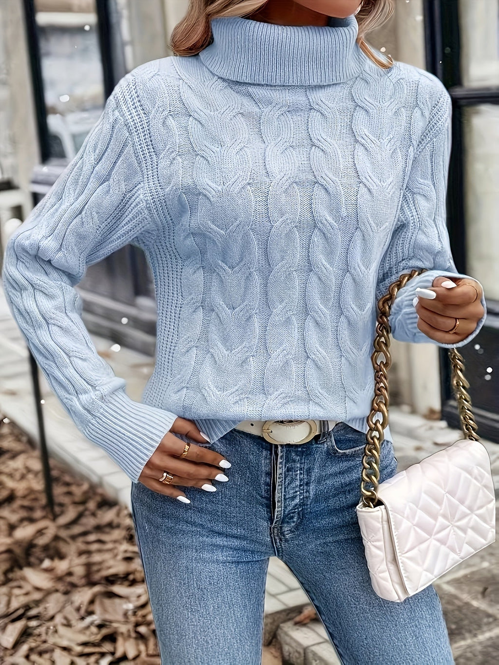 Women's Twisted Cable Turtleneck Sweater in a Lightly Shaped Fit