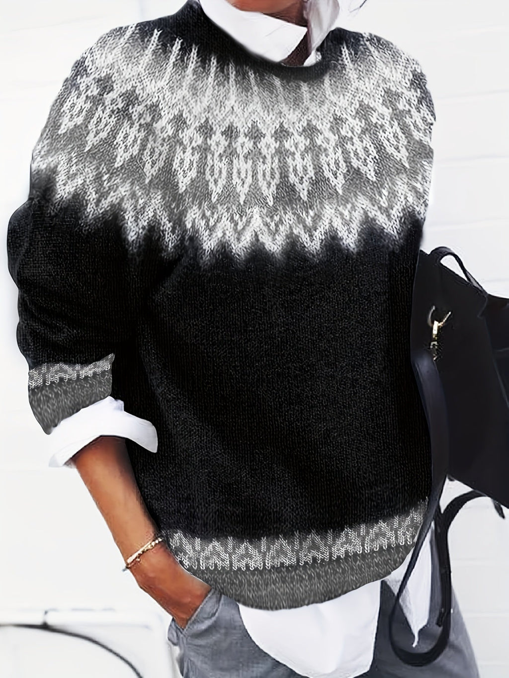 Women's Chunky Nature Motif Jacquard Crew Neck Pullover