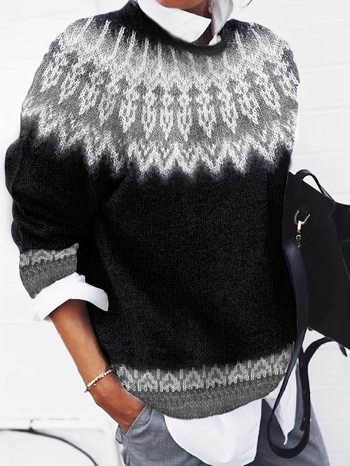 Women's Chunky Nature Motif Jacquard Crew Neck Pullover