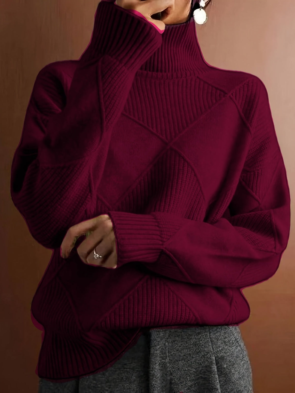 Women's Plus-Size Diamond Knit Turtleneck Sweater in a Relaxed Fit