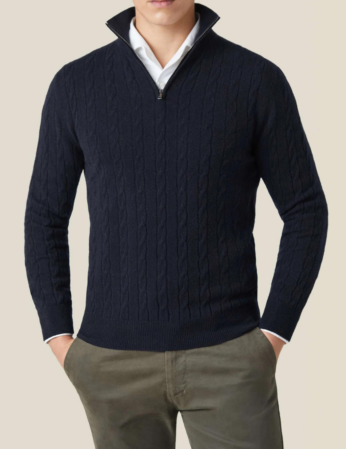Men's Cable-Knit Zip-Collar Sweater in a Classic Fit - Black