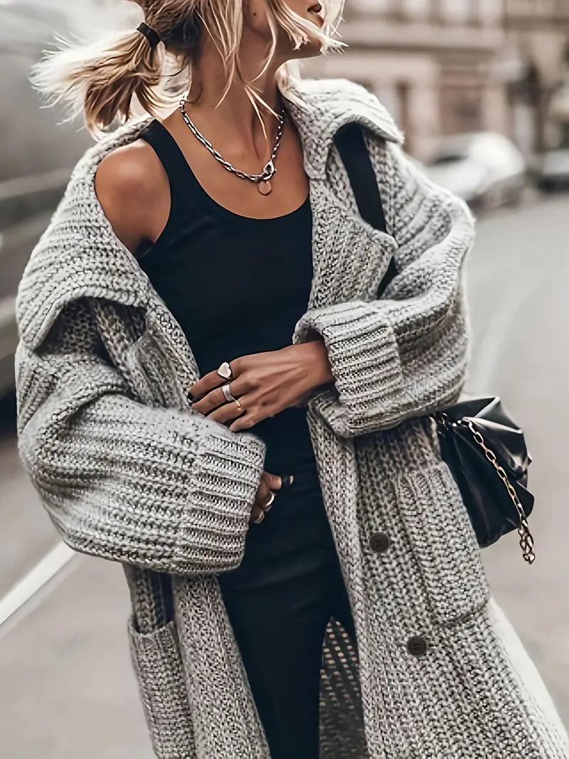Women's Slouchy Chunky Rib Knit Long Cardigan with Front Pockets