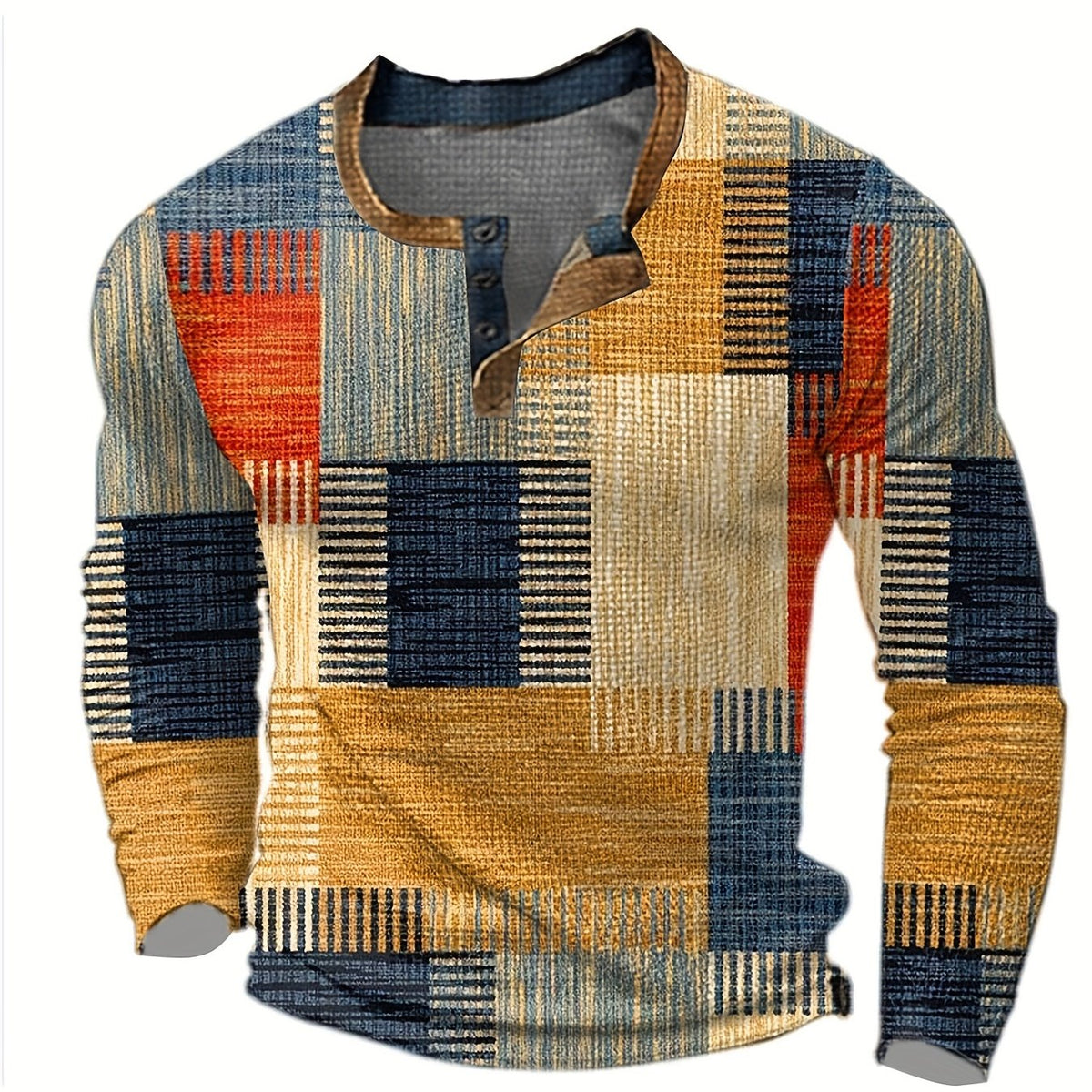 Men's Plaid Pattern Pullover Sweater with Crew Neck - Khaki